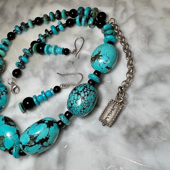 Vintage Handmade Turquoise Necklace with Onyx Solid 925 Sterling Silver+Earrings - Picture 13 of 15